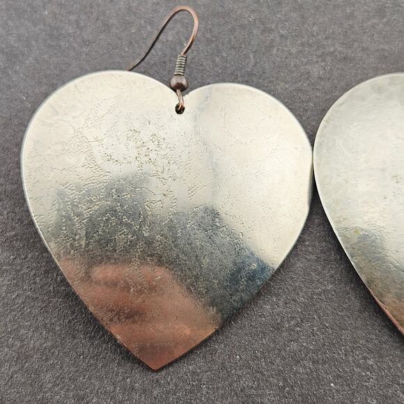 Silver Tone Metallic Heart Statement Earrings Large Dangle Drop Eclectic Bold - Picture 2 of 4